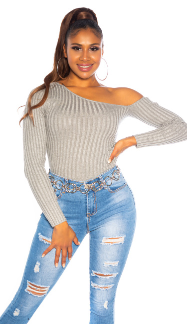 One-Shoulder Ribbed Sweater Gray